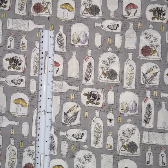 Nature Apothecary Jars with Feather, Flower, Mushroom on Gray - 2/3 Yard - Picture 3 of 8